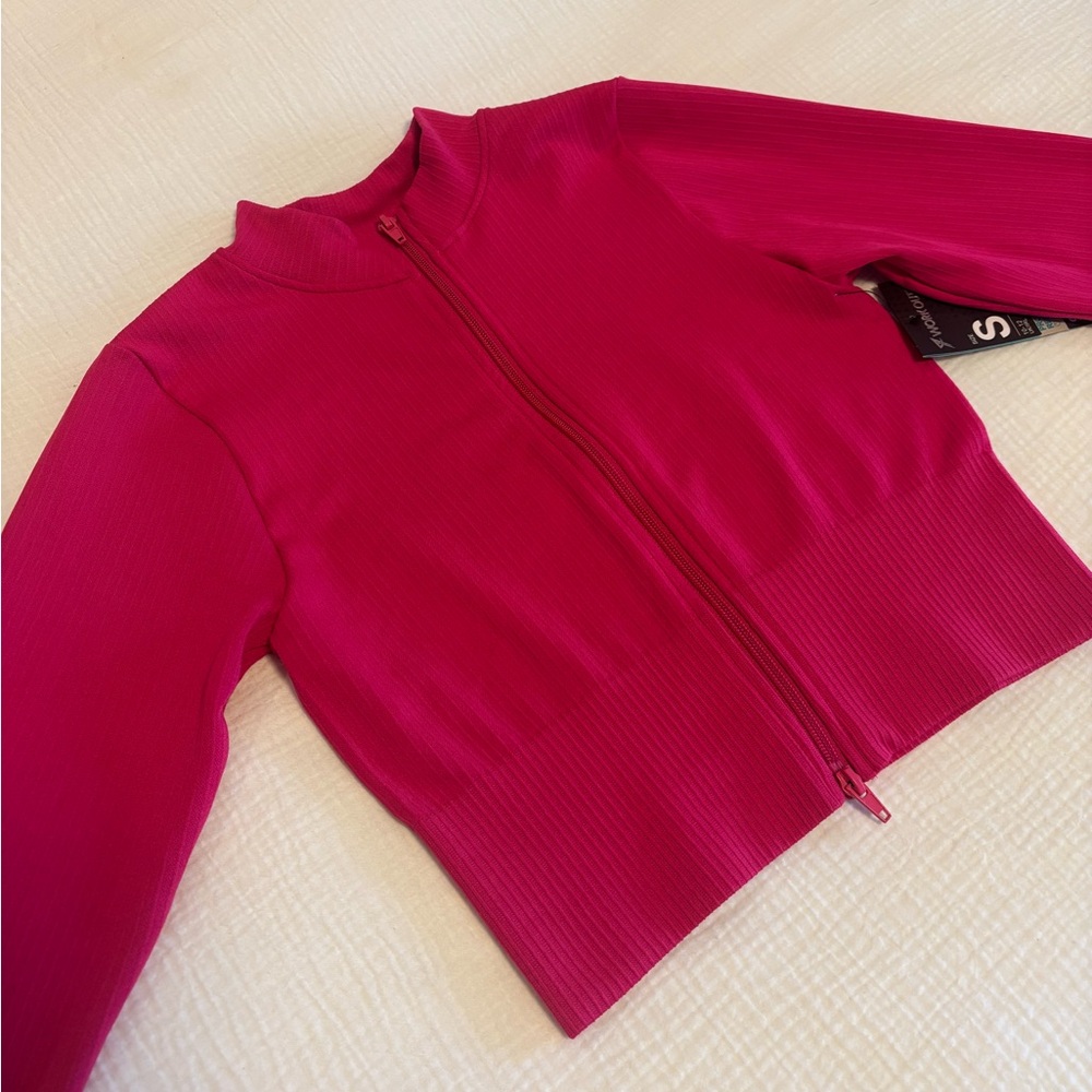 Hot Pink Ribbed Cropped Workout Jacket